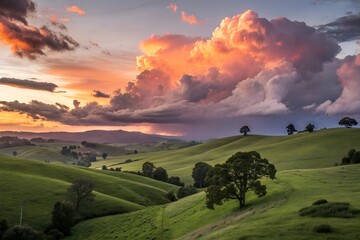 Fototapeta premium Dramatic sunset over rolling hills with vibrant colors and fluffy clouds, sunset, landscape, dramatic