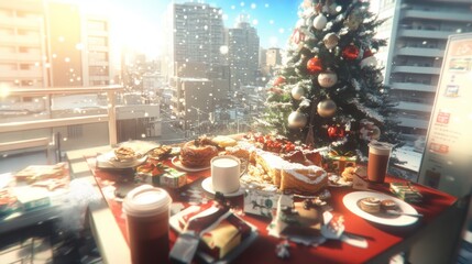 Christmas morning breakfast with pastries hot cocoa