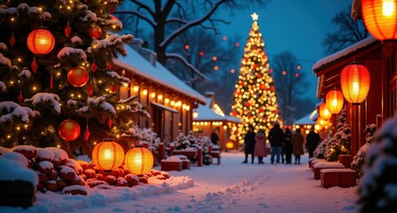 A festive winter evening with a large Christmas tree, Brazilian and Japanese lanterns, and families enjoying hot dogs, chestnuts, and mulled wine.