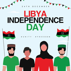 Libya Independence day. 24th December Independence day of Libya celebration banner with its flags, people. The day recalls country's independence from Italian colonial rule in 1951. 