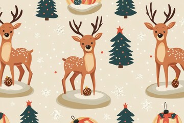 Fototapeta premium A festive pattern featuring playful reindeer and Christmas trees, perfect for holiday-themed designs and decorations.