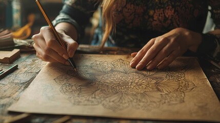 Obraz premium A person skillfully sketches a detailed mandala design with a pencil on textured paper, showcasing creativity and focus.
