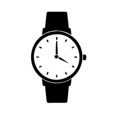 Black Flat Classic Wristwatch Icon: A high-resolution, elegantly simple vector icon representing a classic wristwatch. This icon features a timeless design with a round face and traditional watch hand