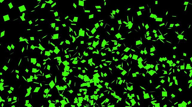 Empty green screen tearing apart on many light tiny pieces, media transition with alpha png transparent layer