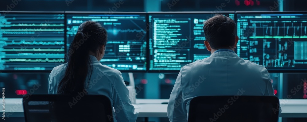 Poster two professionals analyze data on multiple screens in a high-tech workspace, focused on coding and d