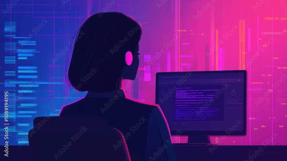 Poster a silhouette of a person with headphones, focused on a computer screen amidst vibrant digital patter