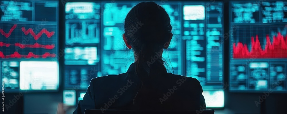 Poster a person is focused on multiple digital screens displaying data, graphs, and analytics in a high-tec