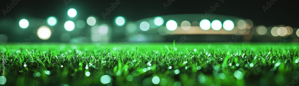 Poster a close-up view of artificial grass illuminated by stadium lights at night.