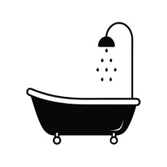 Black and White Minimalist Bathtub with Shower Vector Illustration