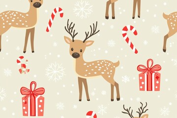 Cute holiday pattern featuring playful deer, candy canes, and festive gifts set against a soft background.