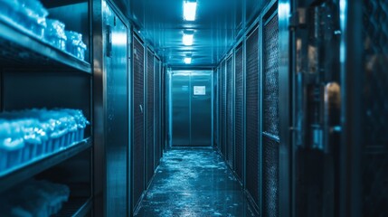 Shelves Covered in Frost Inside a Cold Storage Freezer