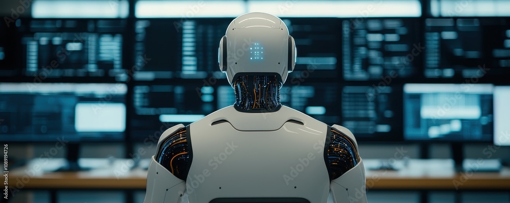 Poster a futuristic robot observes multiple screens filled with data, embodying advanced technology and art