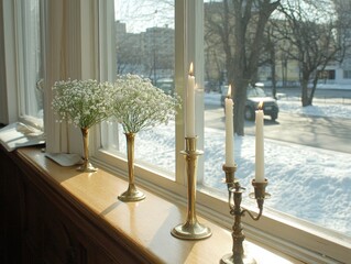 Classic holiday candles in brass holders on a windowsill gentle snow outside