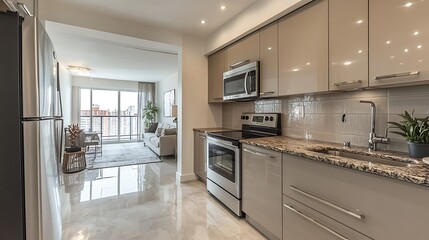 Fototapeta premium Modern kitchen interior design urban apartment photo bright space contemporary style