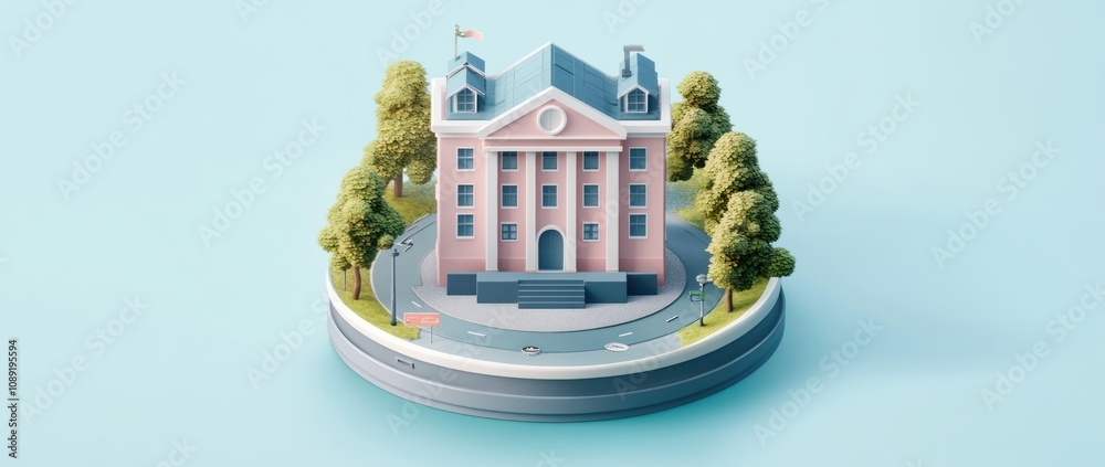 Poster a stylized pink building surrounded by trees on a circular platform.