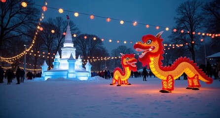 A snowy evening where Chinese dragon dancers perform under a sky of lanterns, while people savor...