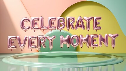 Rose gold foil balloons spelling "Celebrate Every Moment" on pastel background. (1)