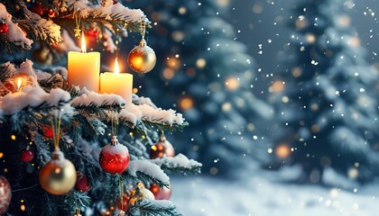 Christmas tree with glowing candles and gifts surrounded by gentle snowfall, peaceful holiday background