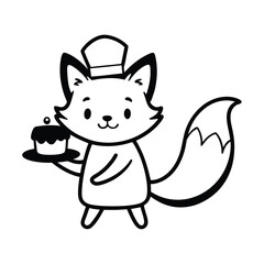 Cute Fox Holding a Cake - Black and White Line Art