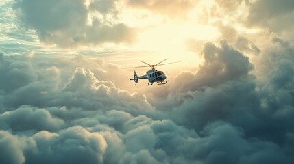 Fototapeta premium A helicopter flying through vibrant clouds at sunset, showcasing adventure and exploration.