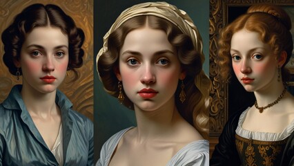 Obraz premium Vintage Portraits of Three Elegant Women in Historical Attire