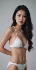 Obraz premium Portrait of a confident woman in white lingerie, posing against a neutral background