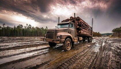 Classic heavy duty logging truck in mud