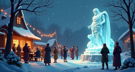 A charming winter gathering with warm apple cider from the USA, chai from India, and an ice sculpture of a Greek god sparkling under snow.