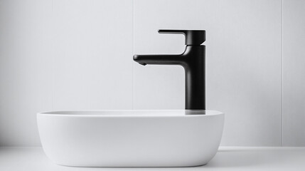A minimalist black matte water tap on a white backdrop, emphasizing its contemporary style and clean lines