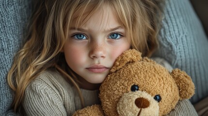 Sweet child holding a teddy bear tightly, evoking feelings of innocence and security.