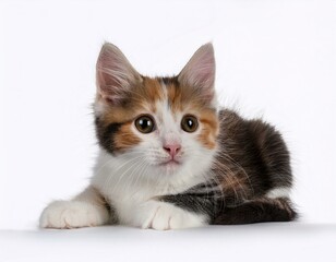 adorable tri color kitten with brown white and orange fur lying on a clean white background gazing to the side perfect for pet themed designs