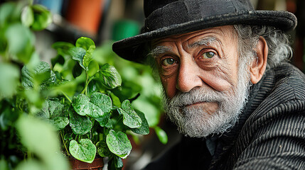 Obraz premium Senior man tending to vibrant green plants in a cozy urban garden on a sunny afternoon. Generative AI