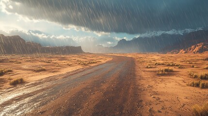 A Remote Desert Highway During a Rare Rainstorm