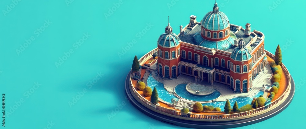 Poster a colorful, detailed model of a grand architectural structure with domes and a pool.