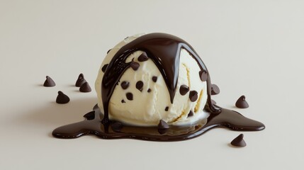A scoop of vanilla ice cream topped with chocolate sauce and chocolate chips, melting on a surface.