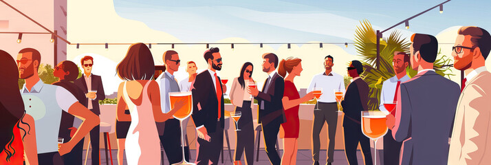 A group of people networking over cocktails at a stylish outdoor rooftop event.