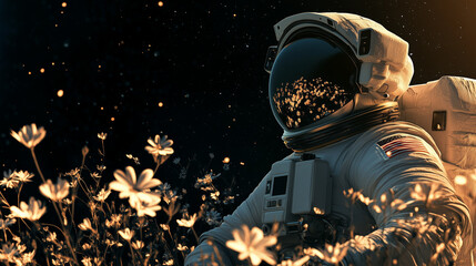 Obraz premium Astronaut in a serene field of glowing flowers under a cosmic night sky, blending space exploration with nature