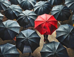 A man with a red umbrella standing out among several people holding black umbrellas. Generated with AI