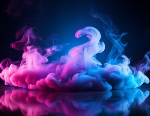 clouds of colorful smoke in blue and purple neon light swirling on black table background with reflection