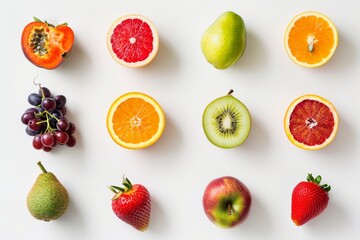 Naklejka premium Fresh and Colorful Fruit Arrangement Neatly Displayed on White Background Featuring Grapes, Oranges, Kiwi, Strawberries, and More for Healthy Lifestyle Concepts