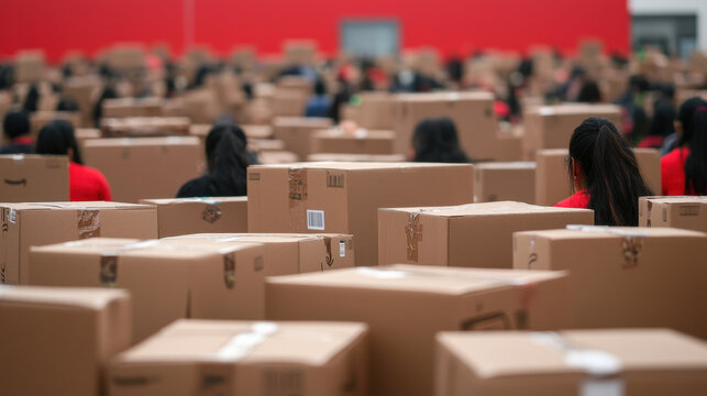 Massive warehouse filled with cardboard boxes and workers preparing for shopping
