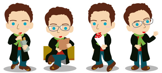 Businessman Illustration Set - Reading, Drinking, Holding Flowers, Greeting