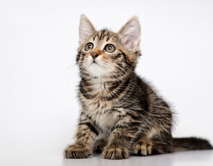 Obraz premium cute tabby kitten sitting and looking upward against a white background perfect for pet themed projects emphasizing curiosity and innocence