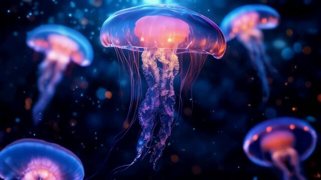 Glowing jellyfish in the dark blue sea, with glowing colorful light effects in the background