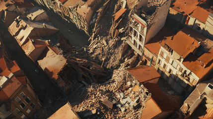 Fototapeta premium Aerial view of a collapsed building amidst rubble in a dense urban area after a devastating disaster