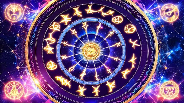 Glowing zodiac wheel with constellations and symbols in a cosmic background.