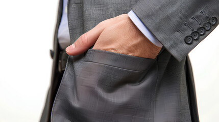 businessman in a suit showing his empty pocket, white background, close-up of a hand and an open black jacket with an arm sticking out to reveal the inside of a wallet