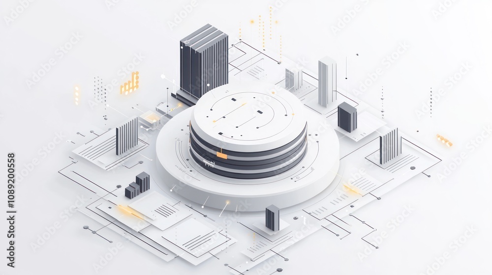 Poster A stylized digital representation of a data center with buildings and circuit patterns.