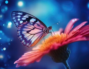 A delicate butterfly rests on a vibrant flower, set against a magical blue background. Generated with AI