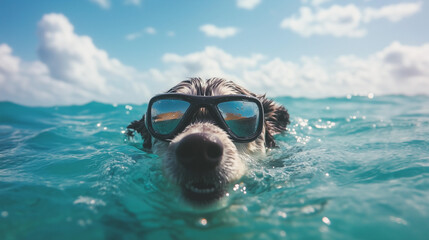 Fototapeta premium Dog wearing sunglasses swimming in the ocean under a sunny blue sky with a playful expression
